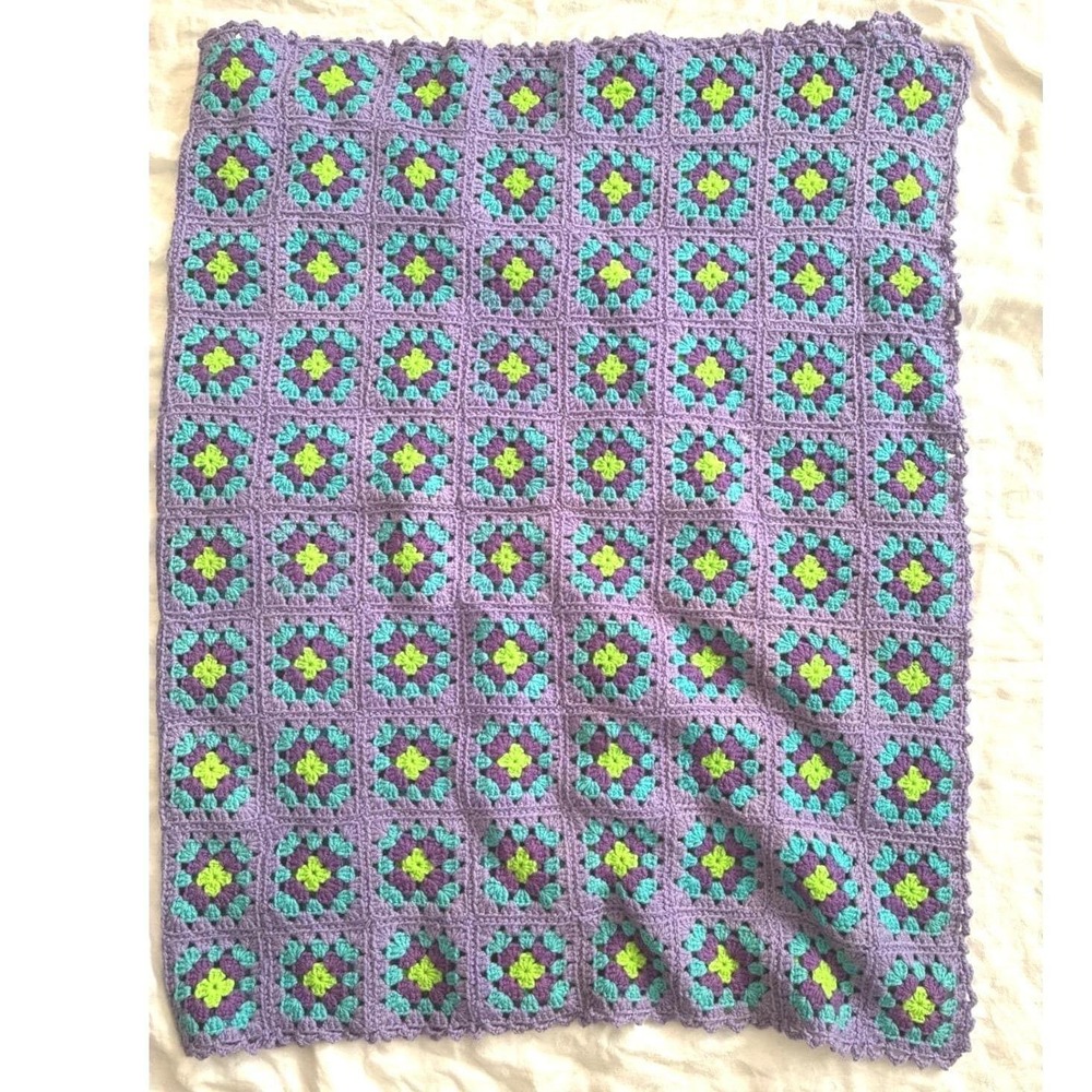 Hand Crocheted Granny Square Afghan 40x64 Purple Teal Green Vtg Blanket Retro